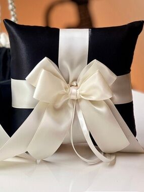 Elegant Black Ring Bearer Pillow with Ivory Satin Bow
